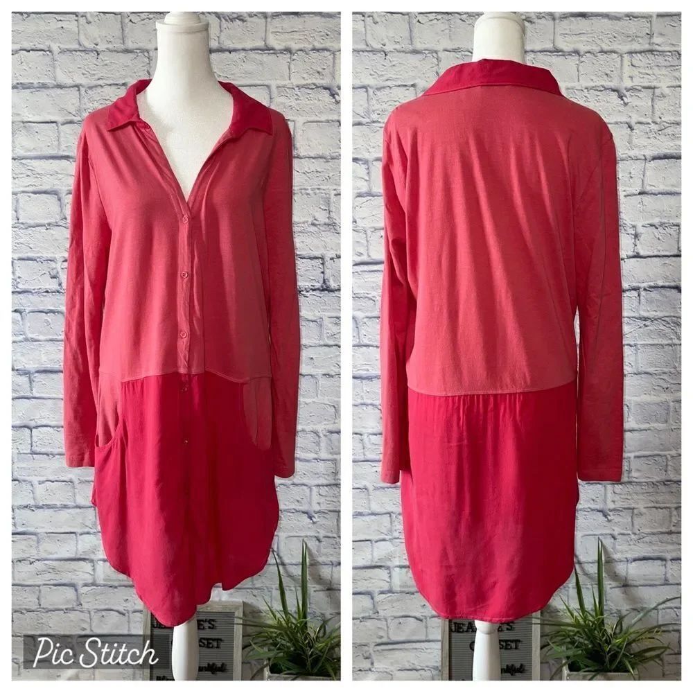 Soft surroundings pink mixed media button down tunic - Picture 2 of 12